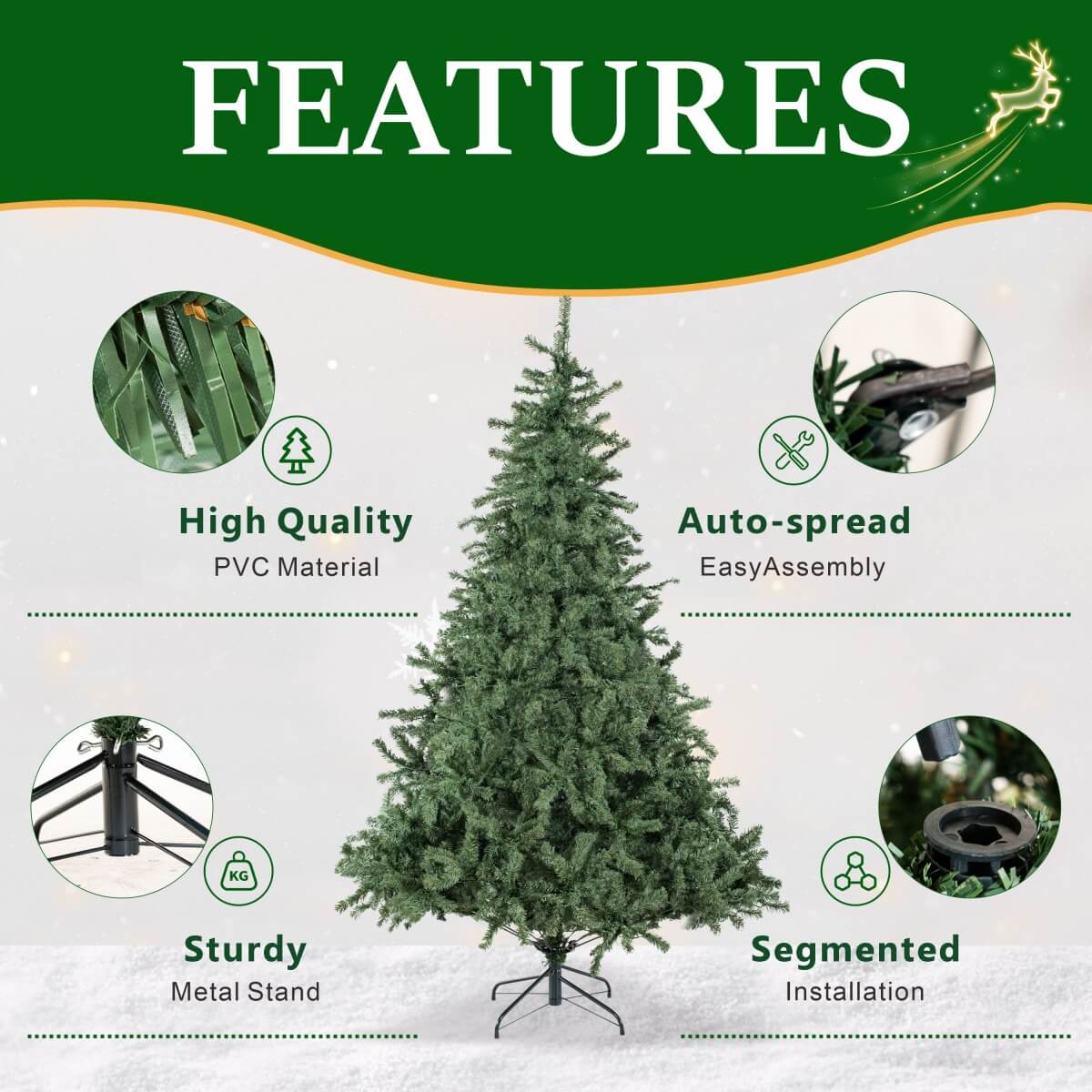 Realistic Full Green Artificial Christmas Tree - PVC Xmas Tree for Easy Setup & Indoor Festive Decoration, 6ft/7ft/8ft