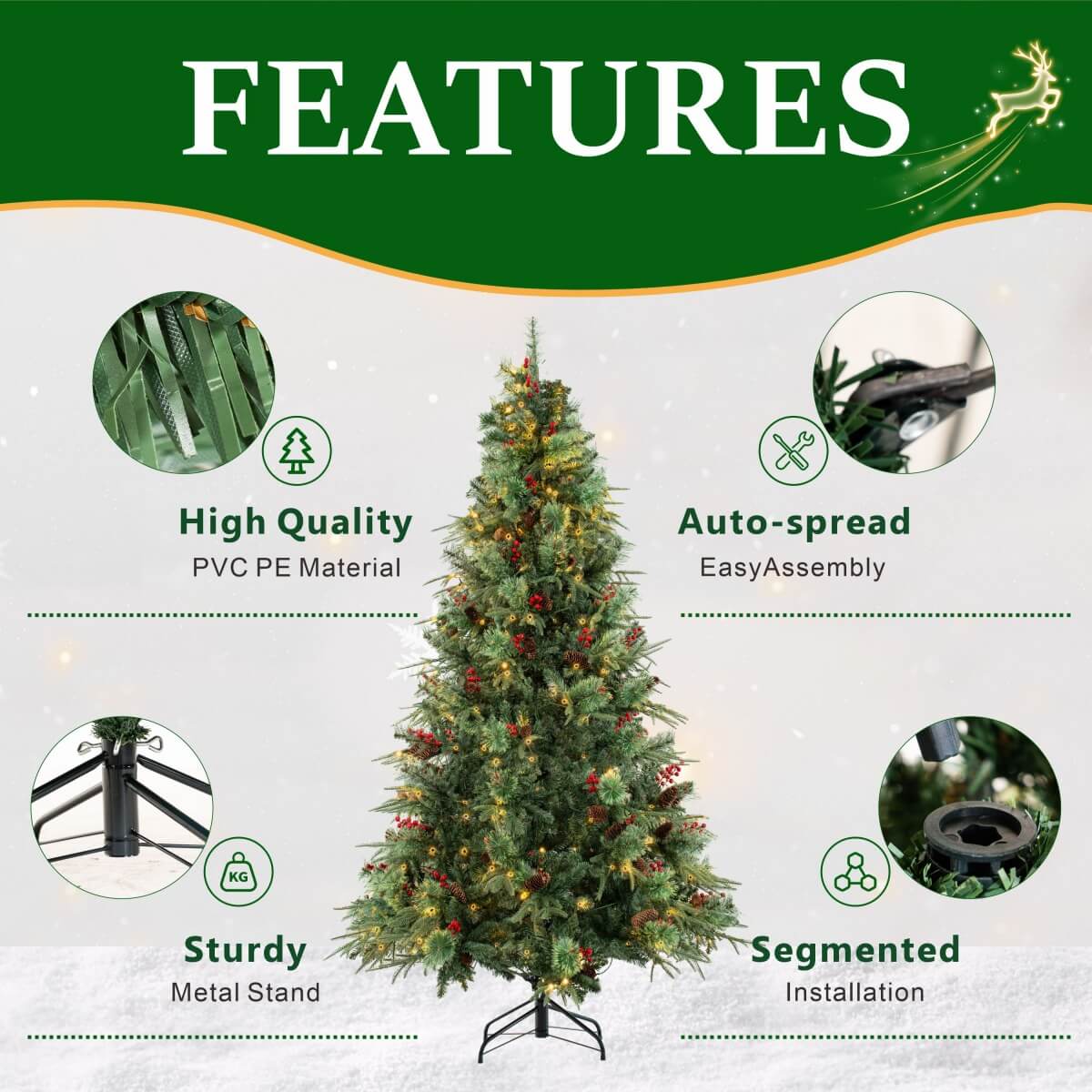 Realistic Green Artificial Christmas Tree with Pine Cones & Red Berries - Pre-Lit Warm White LED PVC Xmas Tree, Easy Setup, 5ft/6ft/7ft