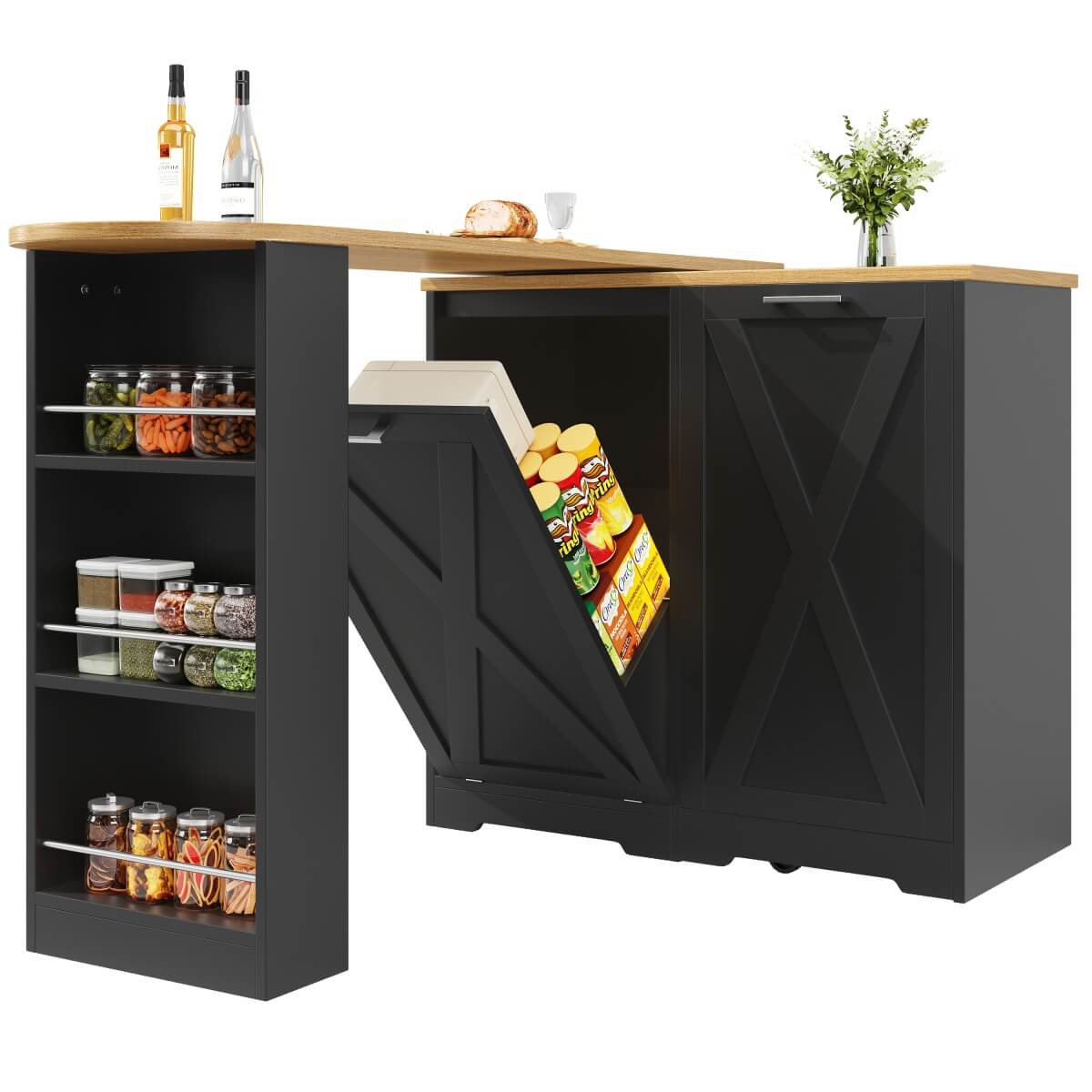 360° Rotating Kitchen Island Cabinet — Swivel Storage Sideboard with Shelves, Black