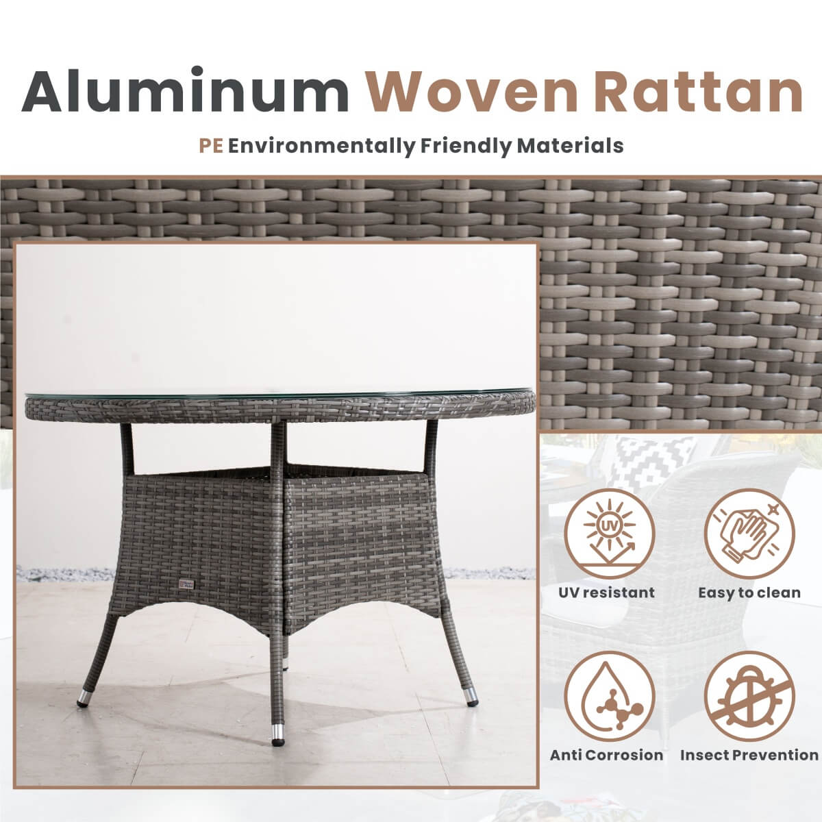 4 Seater Round Rattan Outdoor Dining Table - Garden Patio Dining Table