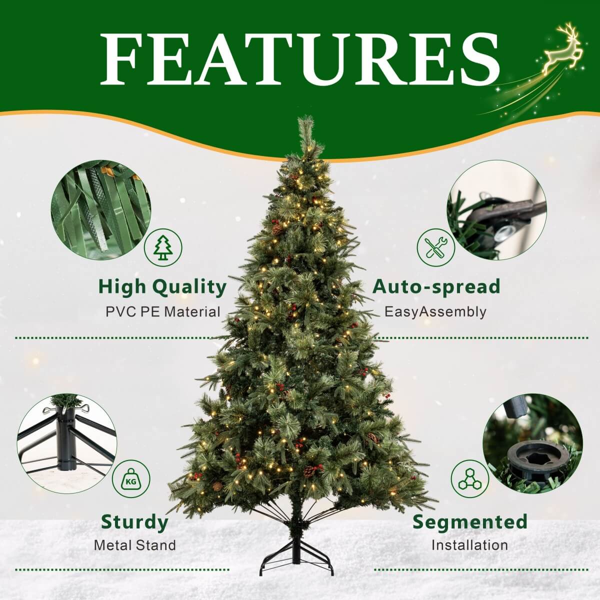 Realistic Full Green Artificial Christmas Tree with Pine Cones & Red Berries - Pre-Lit Warm White LED Lights, PVC Xmas Tree, 6.5ft/7.5ft/8.5ft