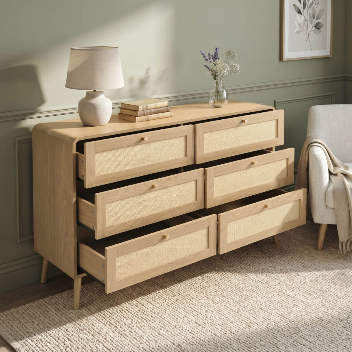 120cm 6 Drawer Chest of Drawers - Rattan Effect Bedroom Storage Dresser with Rounded Corners and Raised Legs, Natural Oak