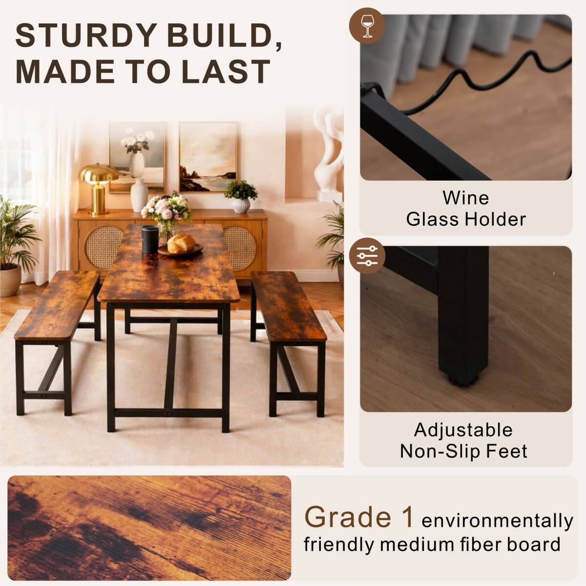 3 Piece Dining Table and Bench Set - Space Saving Kitchen Table Set, Brown