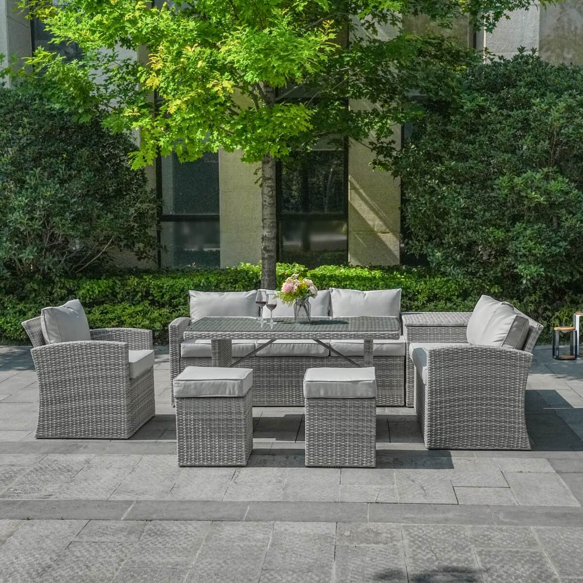 8 Seater Outdoor Rattan Sofa Set with Side Table & Footstools - Garden Furniture Set, Whitewash