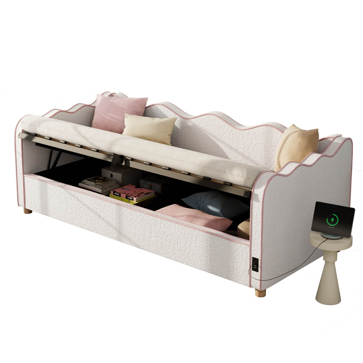 3ft Bouclé Daybed with Hydraulic Storage - Upholstered Sofa Bed with USB Port, Beige