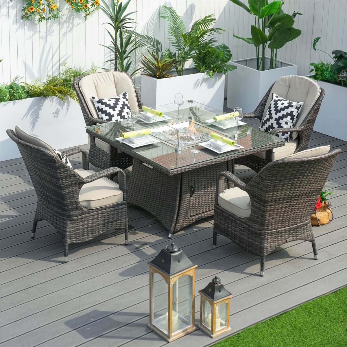 4-Seater Rattan Fire Pit Table Set - Square Gas Fire Pit Table with Wind Guard & Tempered Glass, Brown