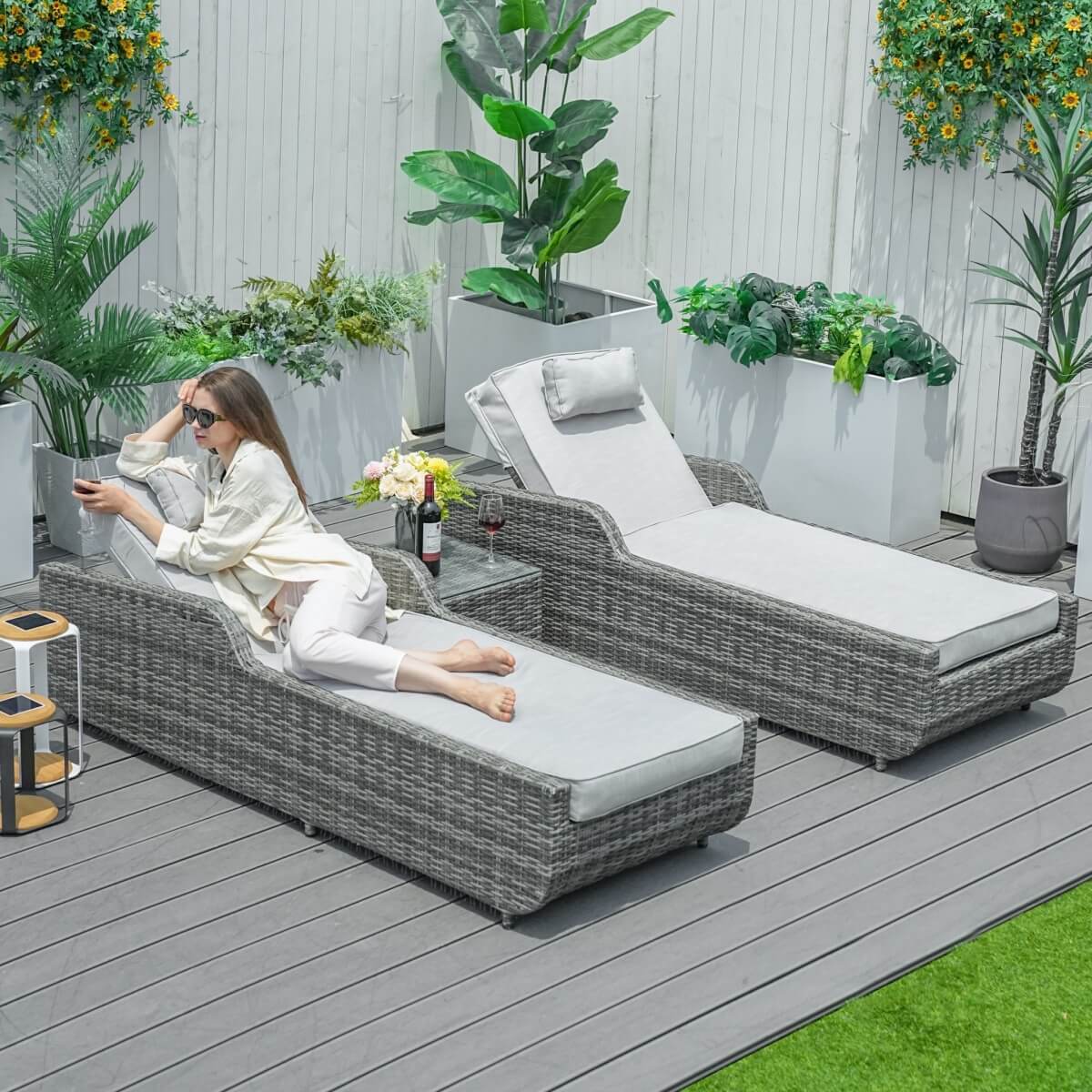 3 Piece Outdoor Rattan Sun Lounger Set with Side Table - Garden Sun Loungers