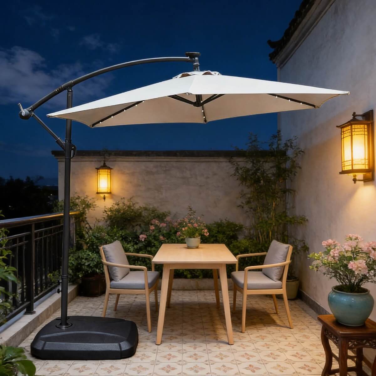 Banana-Style Outdoor Parasol with LED – 8-Rib Patio Umbrella with PA-Coated Canopy