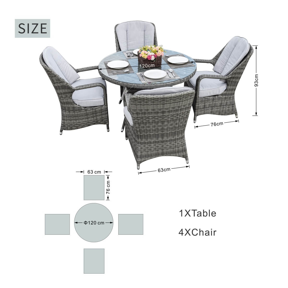 4 Seater Outdoor Rattan Dining Set - Round Garden Table with Tempered Glass Top & Parasol Hole