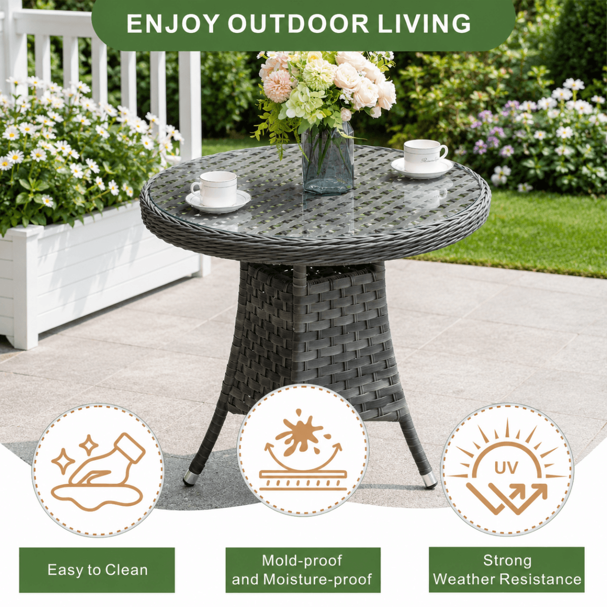 Outdoor Rattan Dining Table - Round Garden Table, Aluminium Frame