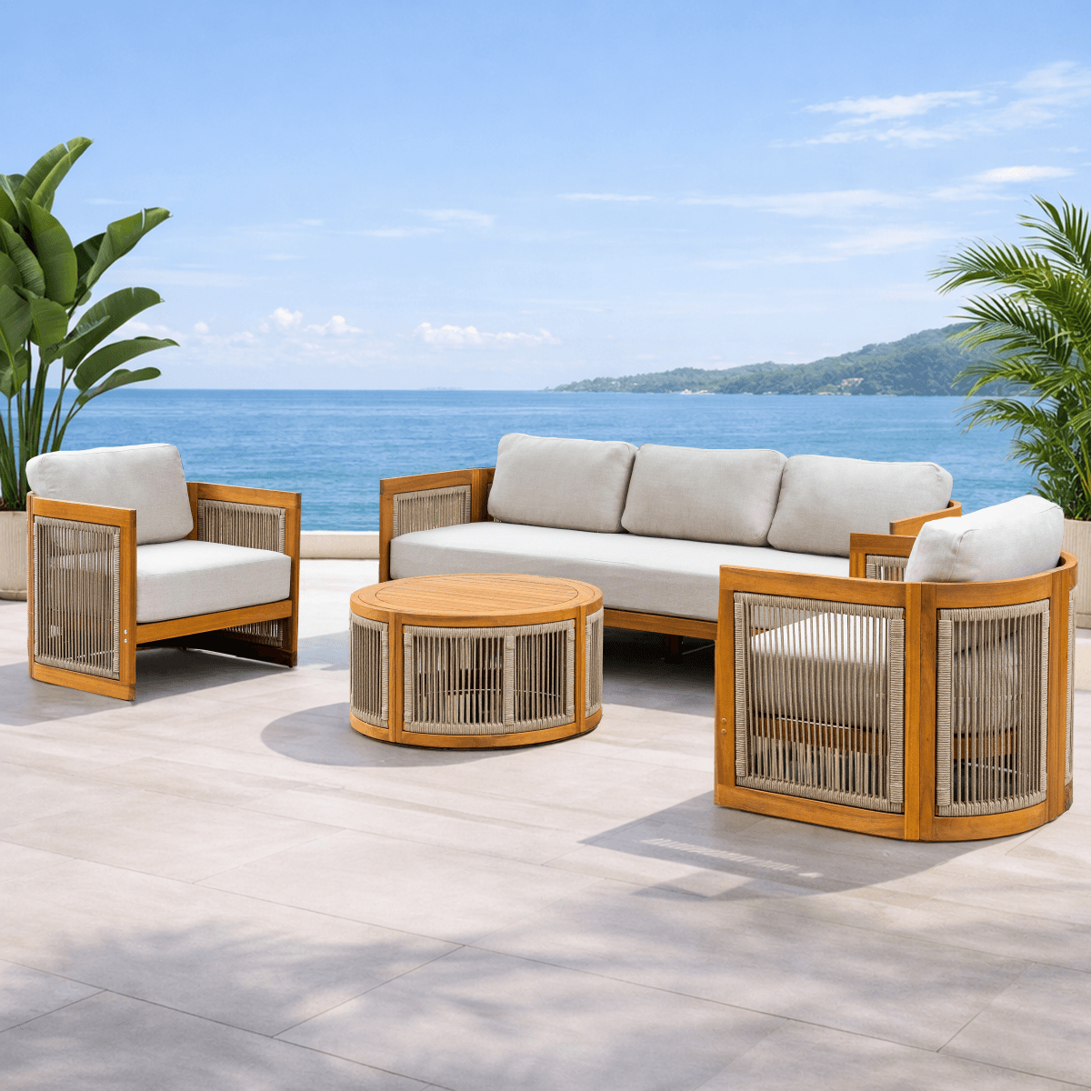 CAVEN 5-Seater Solid Wood Garden Sofa Set - 4-Piece Outdoor Sofa Set with Cushions
