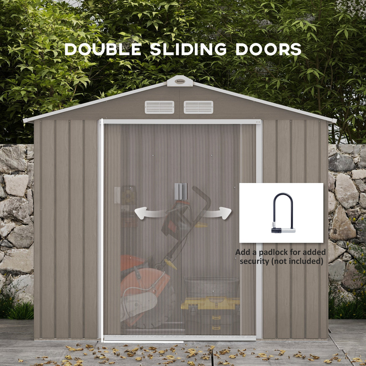 Metal Garden Storage Shed with Vents, Floor Foundation Kit, Lockable Double Doors, Light Brown