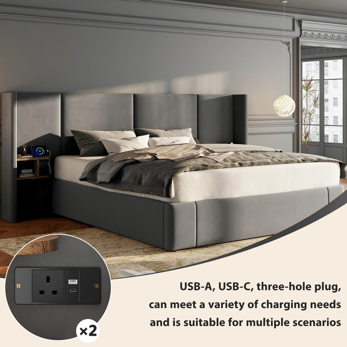 Upholstered King Size 5ft (150*200cm) Ottoman Lift Up Bed Frame with USB, Sockets & Bedside Tables, Velvet Grey
