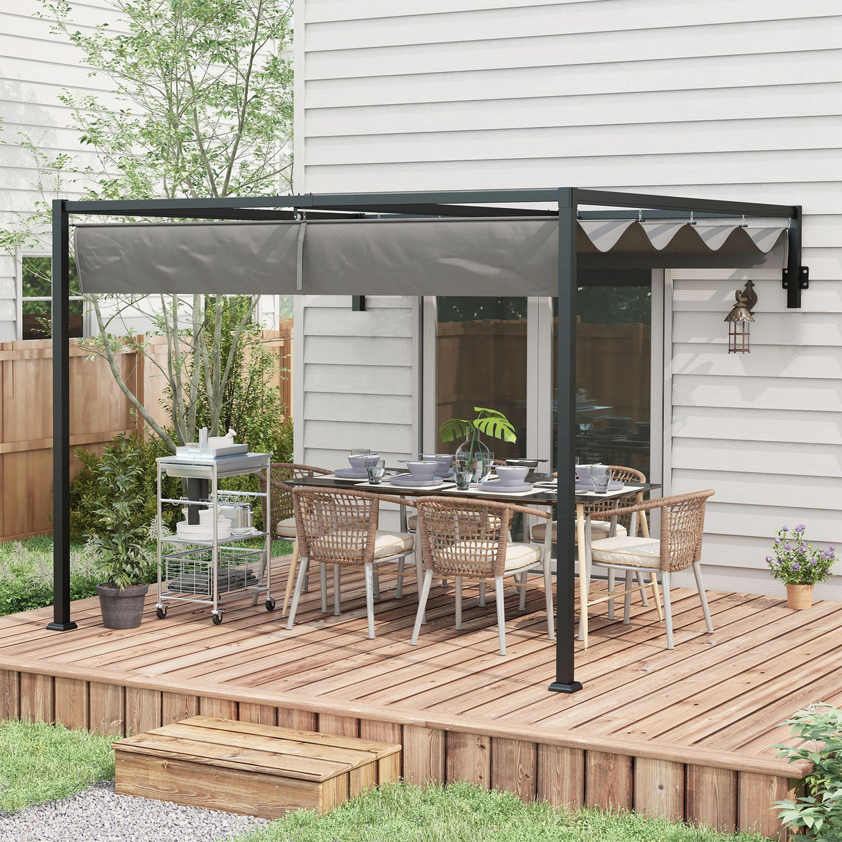 Lean To Steel Pergola, 2 x 3m with Moving Fabric Canopy - Dark Grey