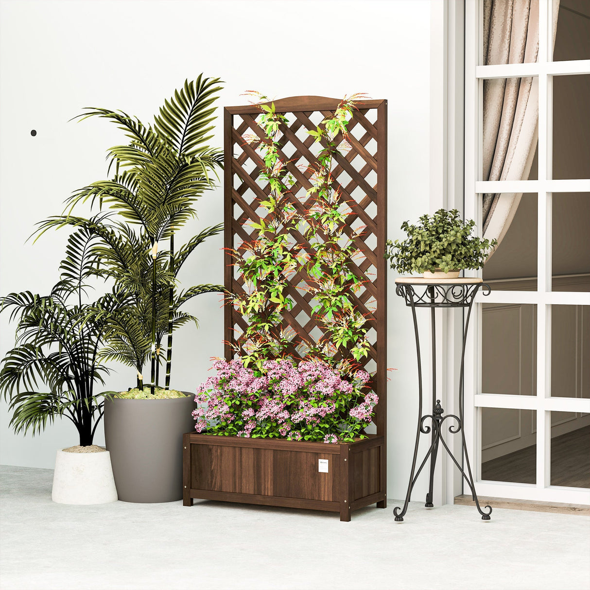 Garden Wooden Planter Box with Trellis, Raised Bed, Dark Brown