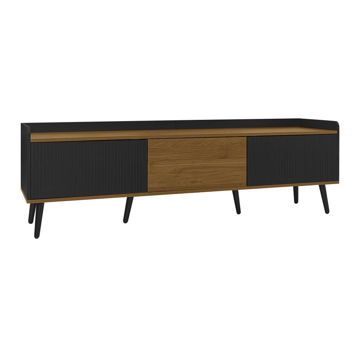 3-Door TV Cabinet – Black & Natural Wood Finish, Compact TV Stand for Living Room