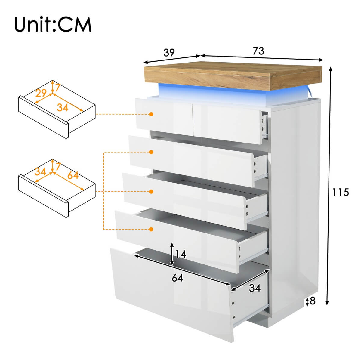 High Gloss Sideboard Cabinet with 6 Drawers - RGB LED Storage Chest of Drawers for Living Room & Bedroom, White