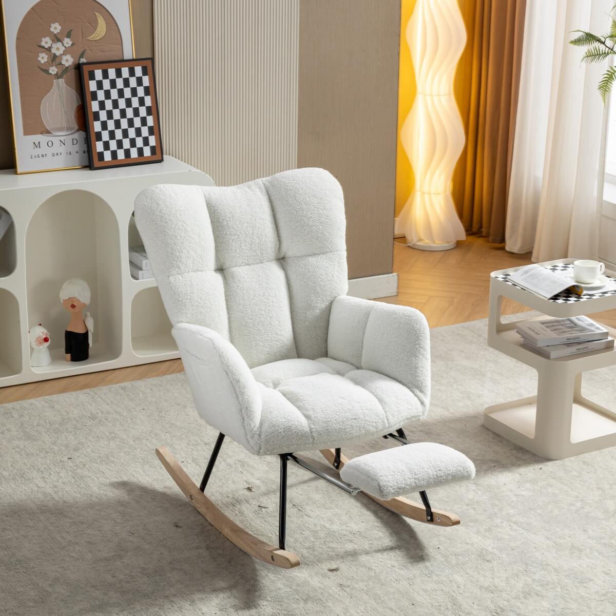 Teddy Fabric Rocking Chair with Pull Out Footrest - Tufted Upholstered Armchair, White