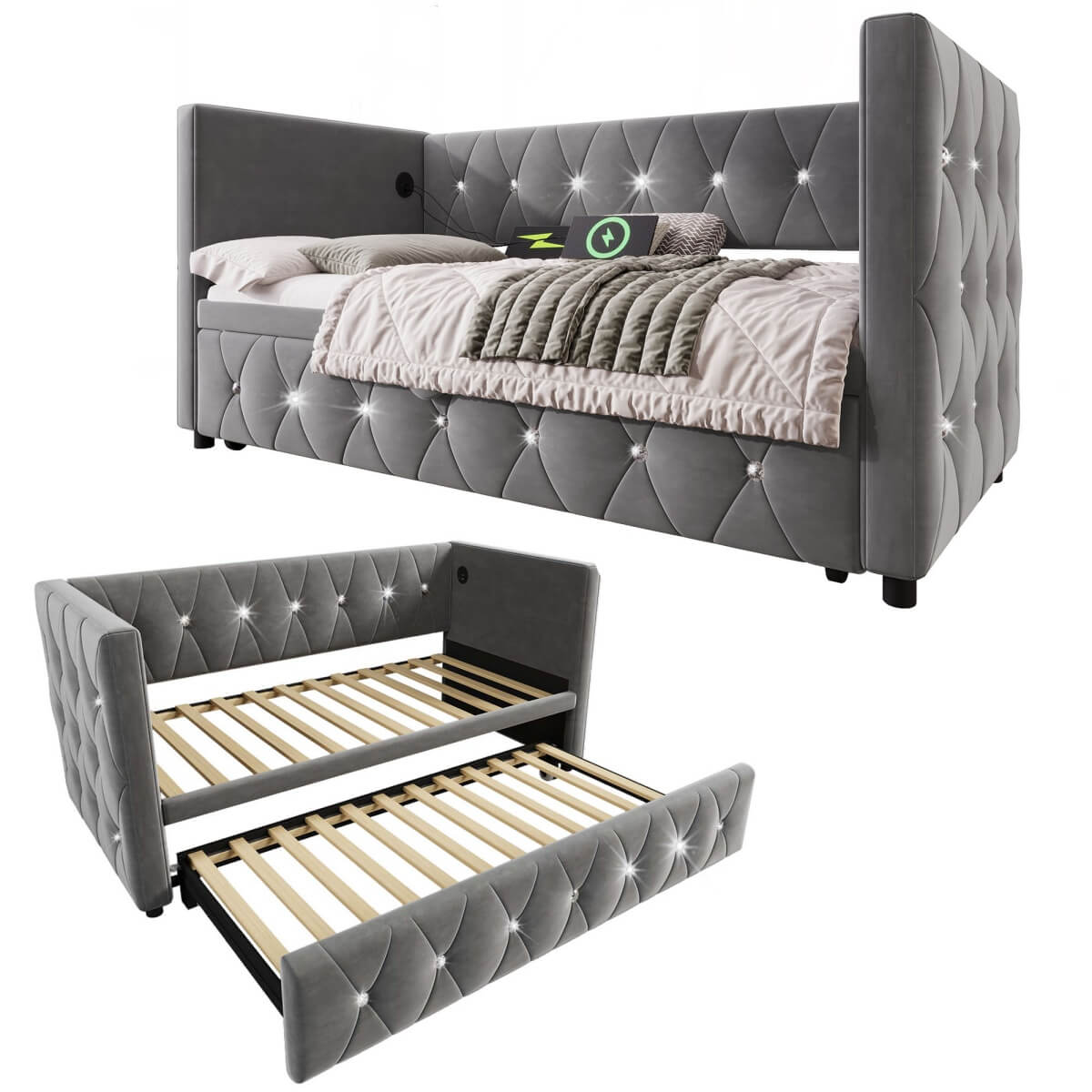3ft Single Velvet Daybed with Trundle - Sofa Bed with USB & Type C Charging, Grey