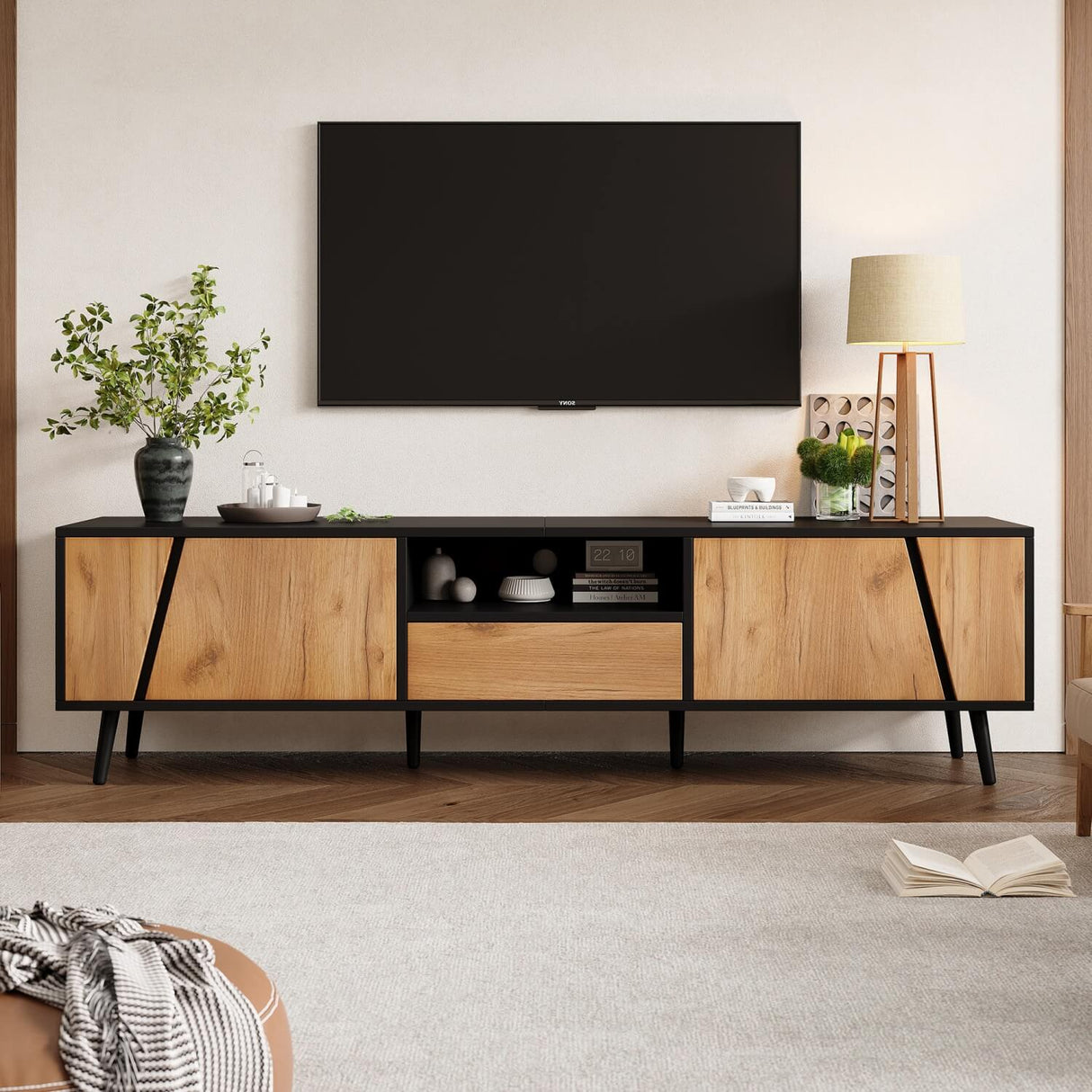 Wood & Black TV Stand Cabinet – 1 Drawer, 2 Doors, Entertainment Console for Living Room, Fits Up to 75" TV