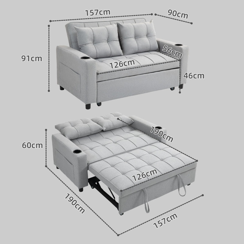 Two-Seater Pull-Out Sofa Bed - Light Grey