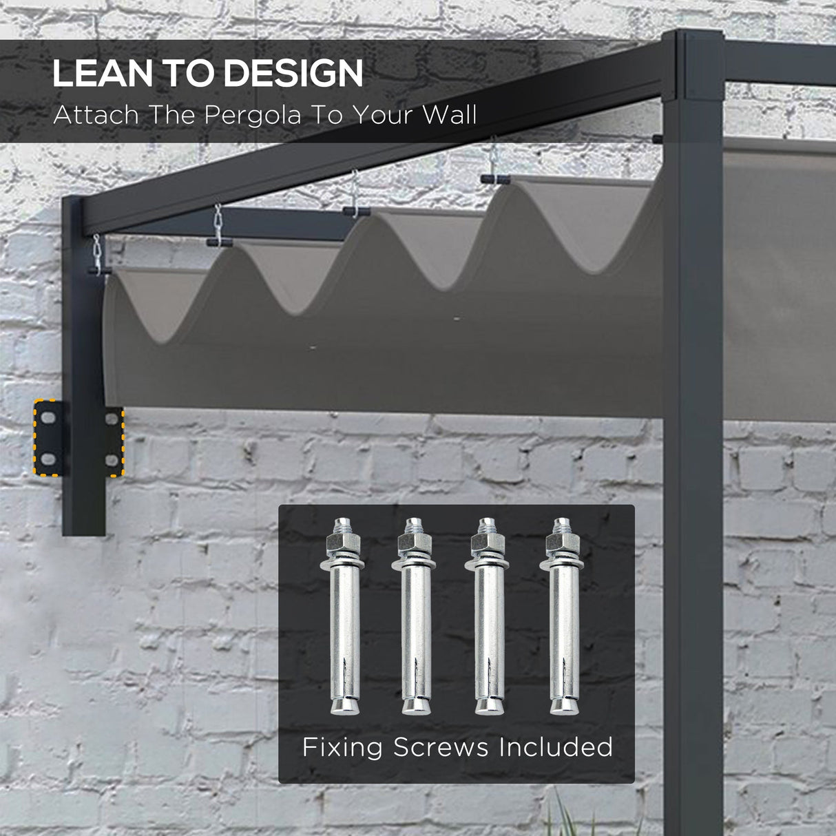 Lean To Steel Pergola, 2 x 3m with Moving Fabric Canopy - Dark Grey