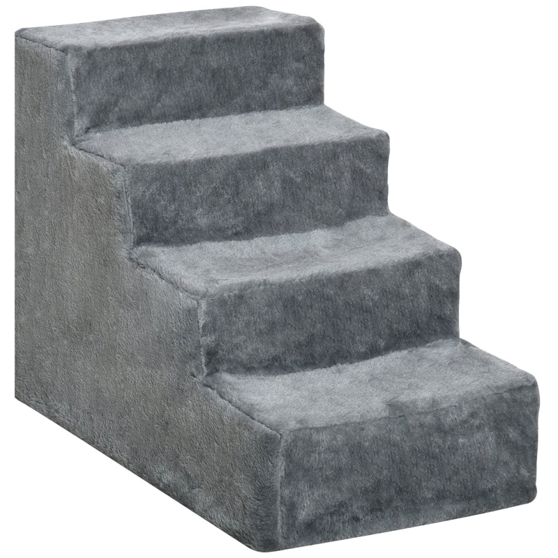 Four-Step Dog Stairs, Washable Plush Cover, Light Grey