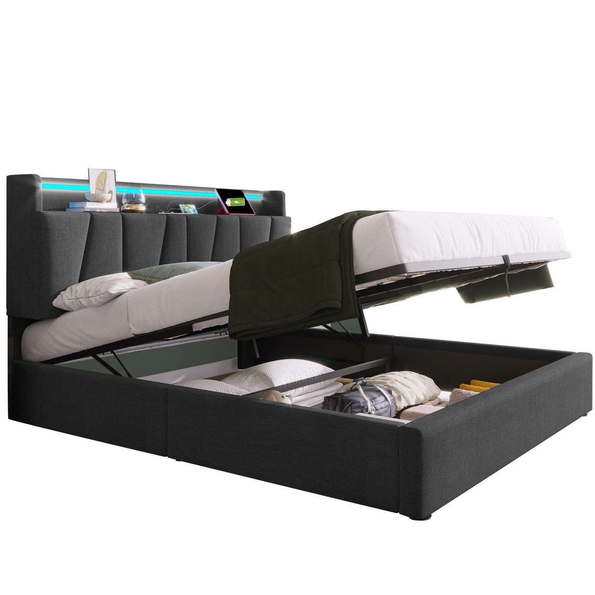 Upholstered Double Bed, USB Charging, Storage Headboard, LED Lighting, 5ft King Size, Grey