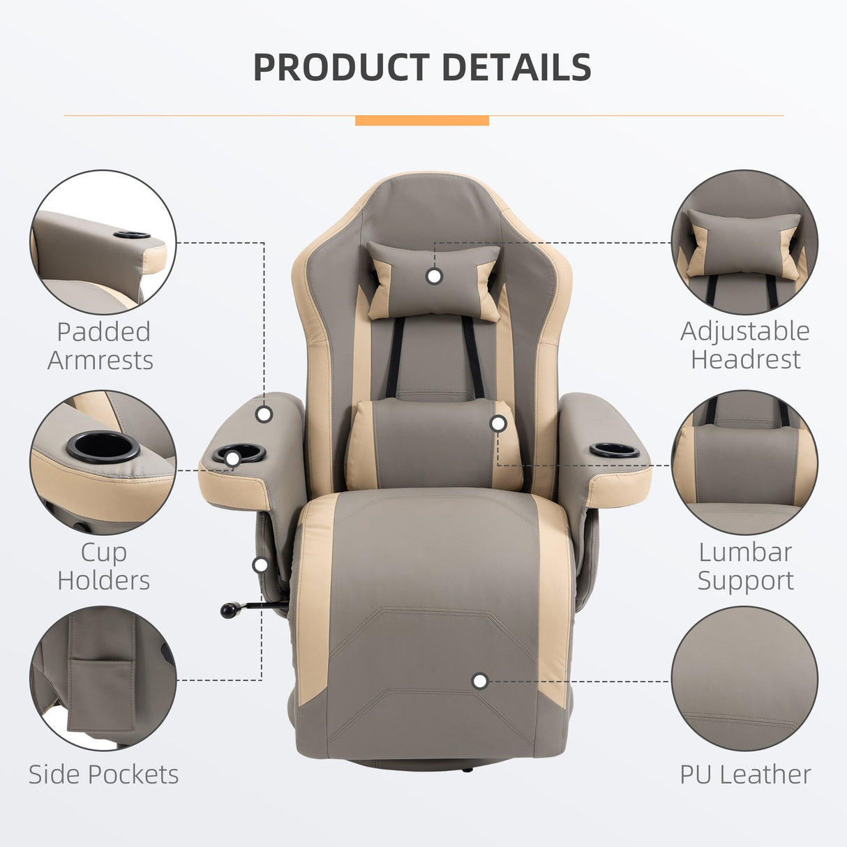 Manual Recliner Armchair with Adjustable Leg Rest, 135?? Reclining, 360?? Swivel, Grey PU Leather