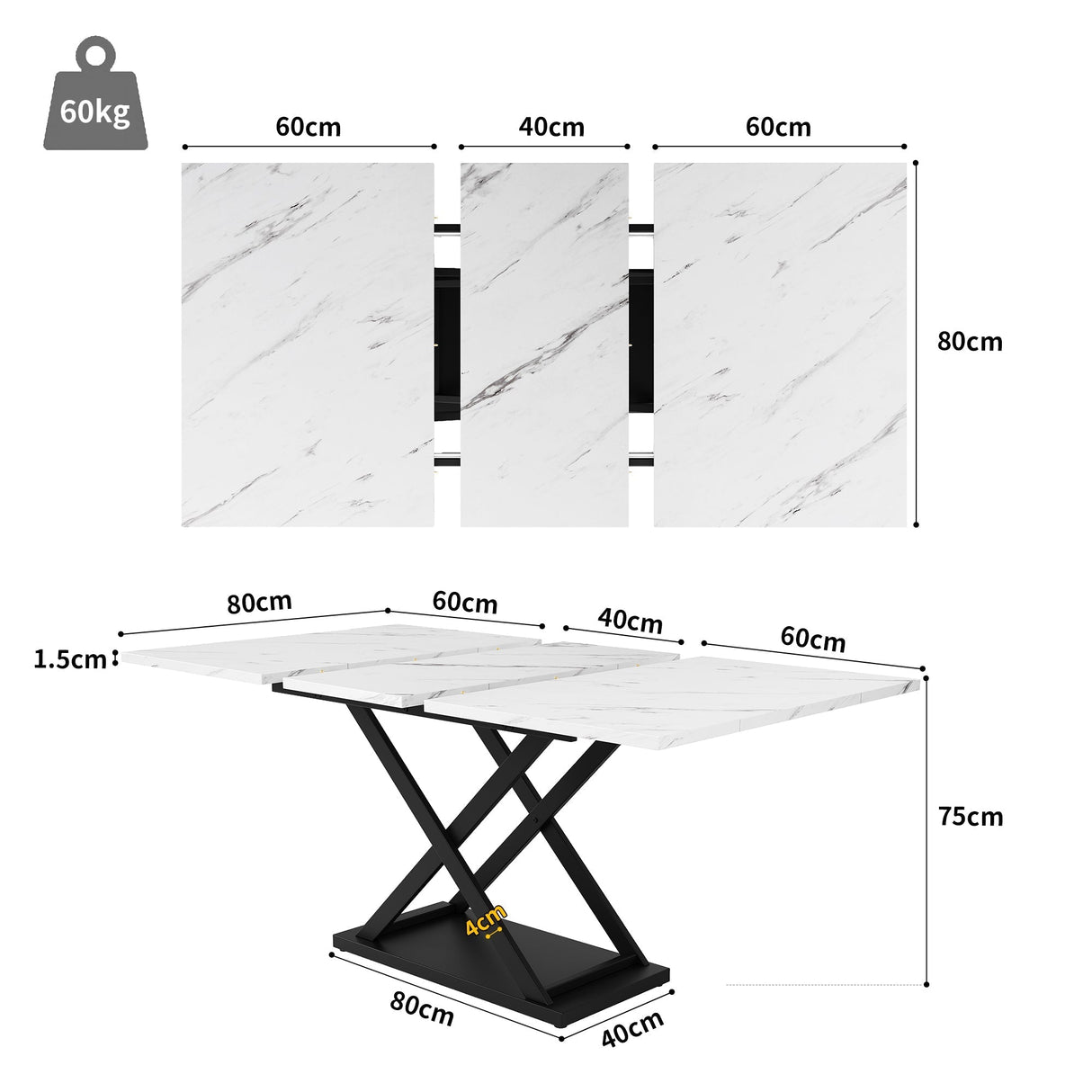 Telescopic dining table (120-160¡Á80 cm), extendable dining table, space-saving kitchen table, black crossed iron legs, for kitchen and living room, white marble dining table