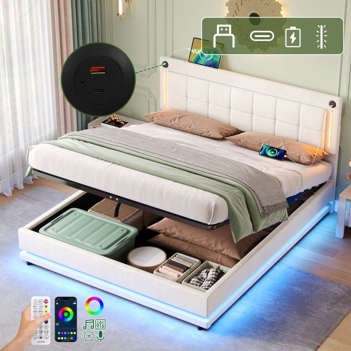 4ft6 Double Velvet LED Hydraulic Bed - Adjustable Tufted Headboard with USB and Type C Charging