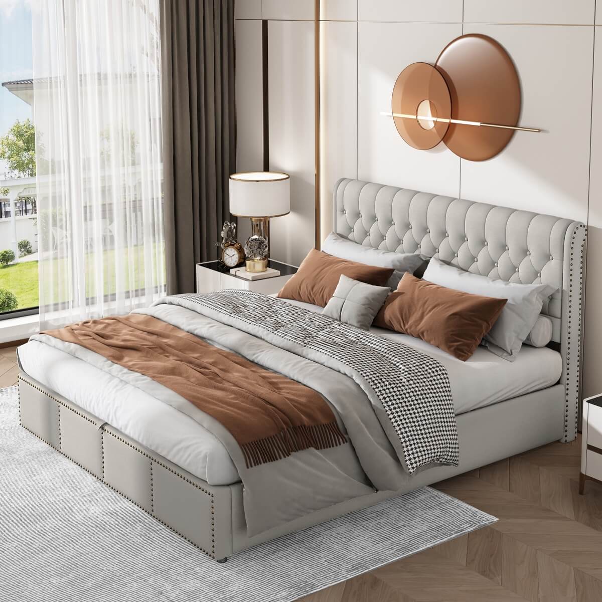 4ft6 Double Upholstered Ottoman Bed - Hydraulic Storage Bed with Rivet Detail, Light Grey