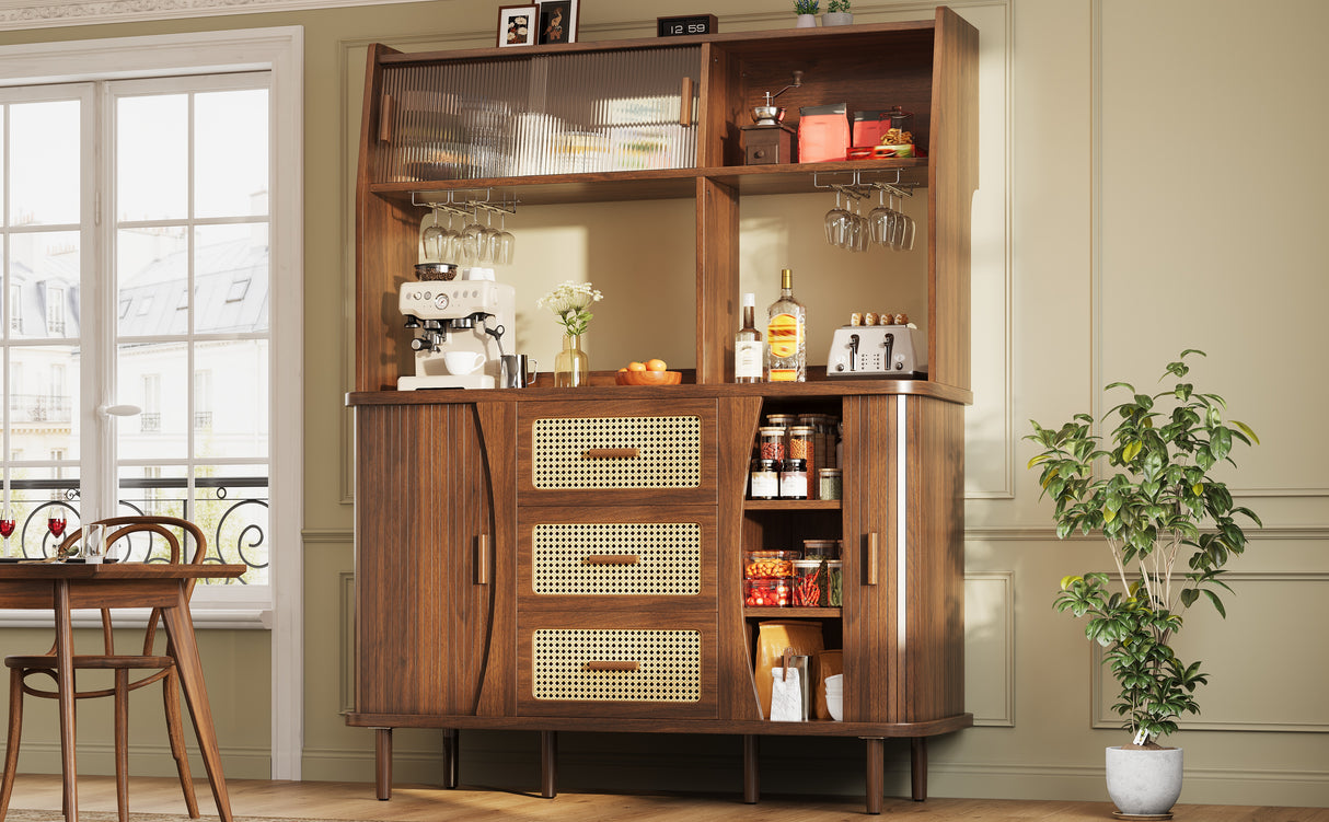 High-quality sideboard with rattan look and glass sliding doors, 174.5 cm high kitchen cabinet with storage space, natural wood/walnut look