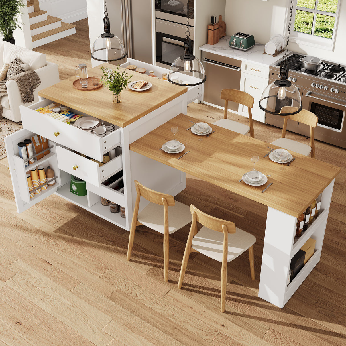Extendable bar table with storage (122.5-195.57093.8cm), with three drawers and wine rack, kitchen island with extendable table, for 2-6 people, kitchen dining cart with side shelves, white