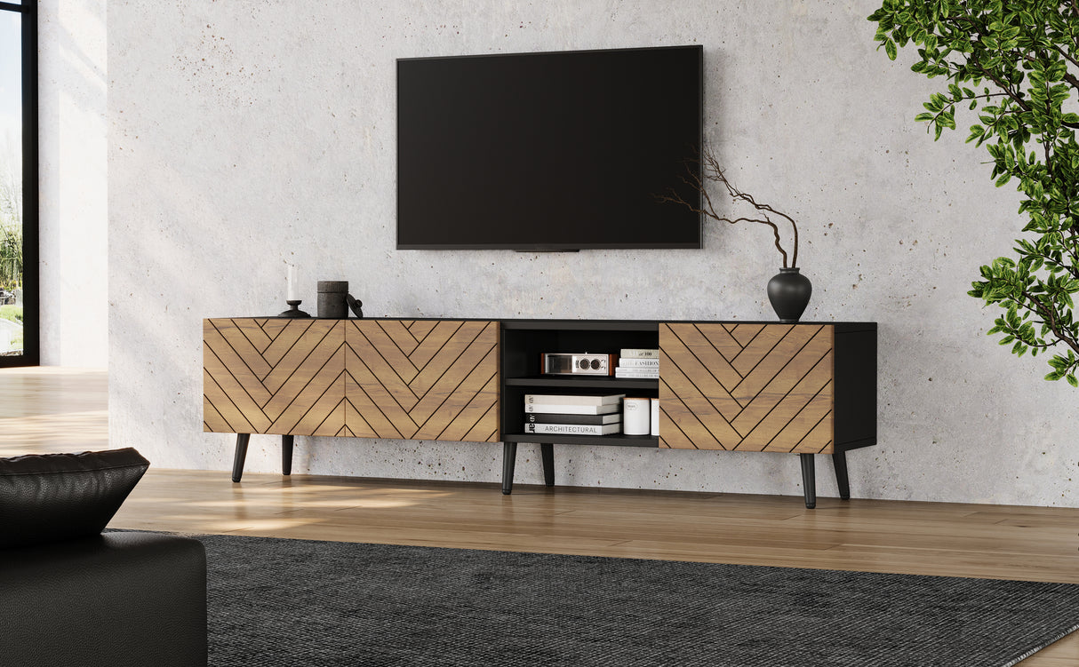 Modern Geometric TV Stand, Lowboard, TV Cabinet, TV Unit, Modern Industrial Entertainment Center, Black Media Console with Open Shelf & Cabinets, Low Storage Cabinet for Living Room