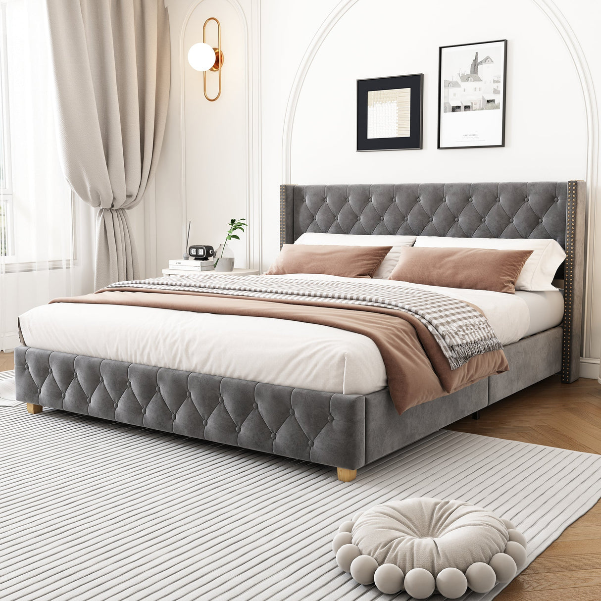 Upholstered Double Bed (4ft6/135x190cm) with Slatted Frame, Headboard, Button & Rivet Upholstery, Wooden Legs, Grey Velvet