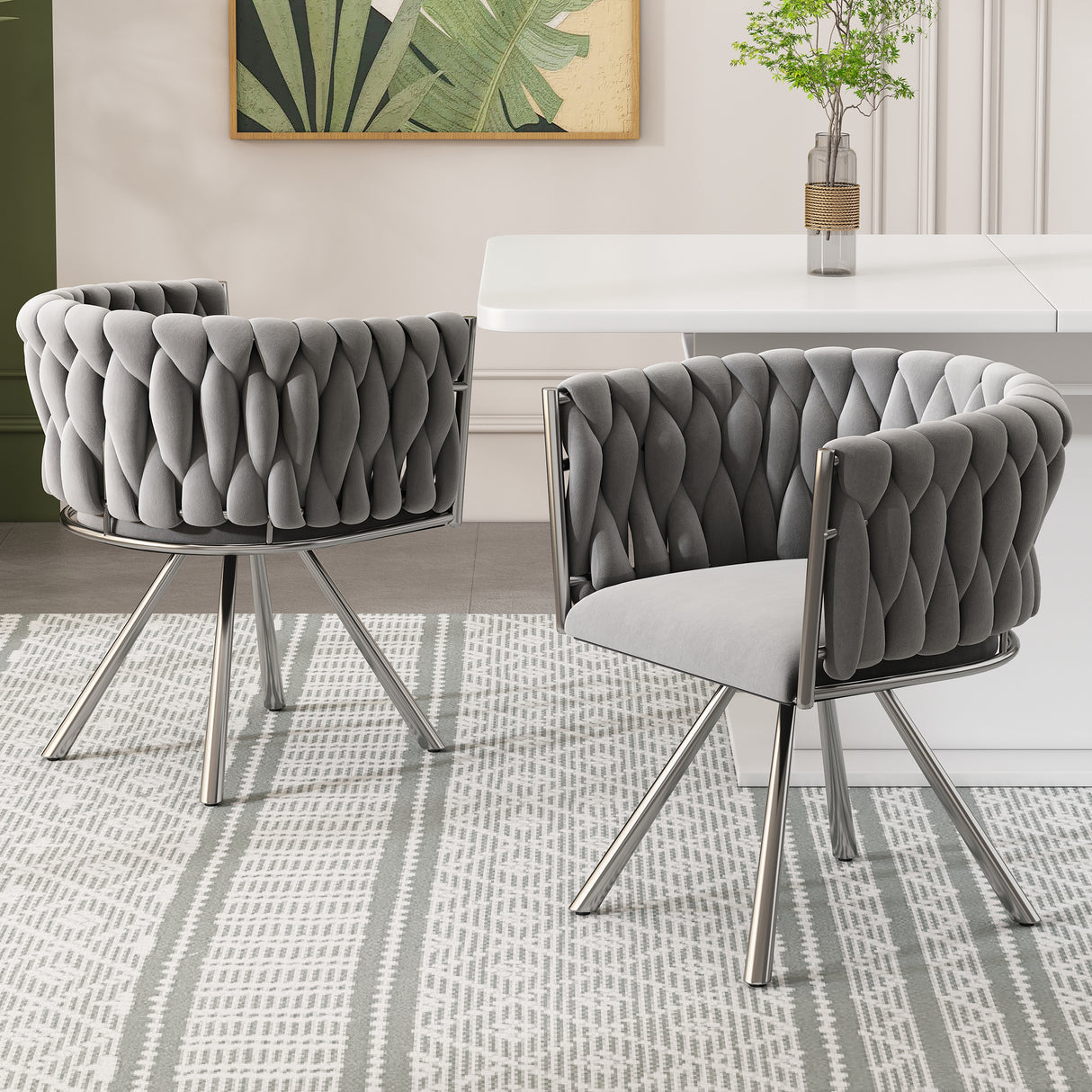 Set of 2, velvet dining chair, single light luxury living room bedroom swivel chair, Leisure swivel chair with four metal support legs, grey+silver