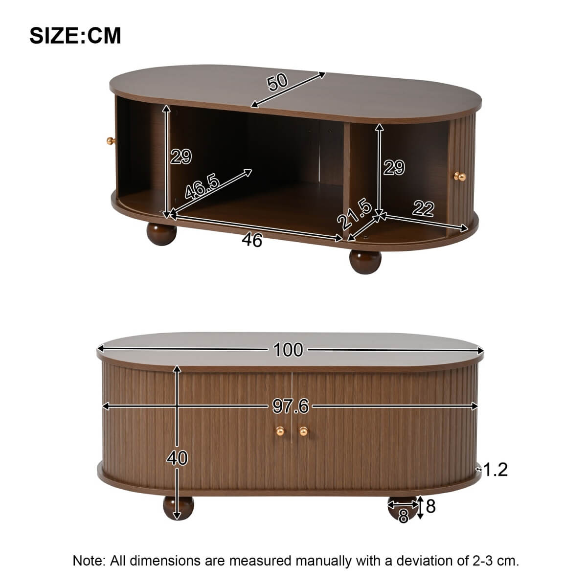 Oval Coffee Table – Oak MDF with 2 Sliding Doors, Hidden Storage Compartment