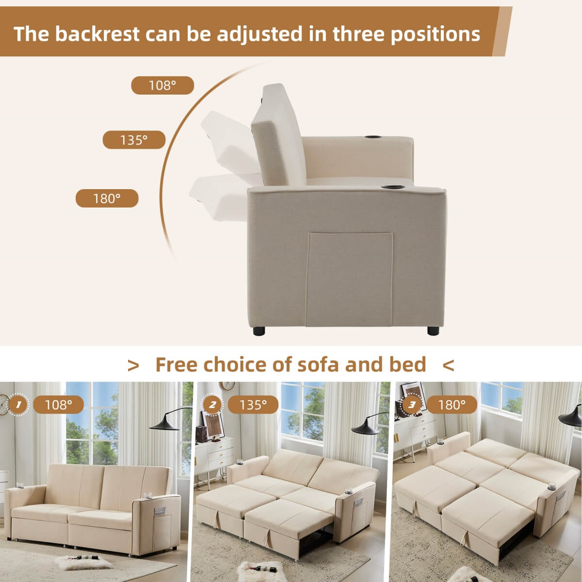 King Size Pull Out Sofa Bed - Convertible Fabric Sofa with Cup Holders and Side Pockets