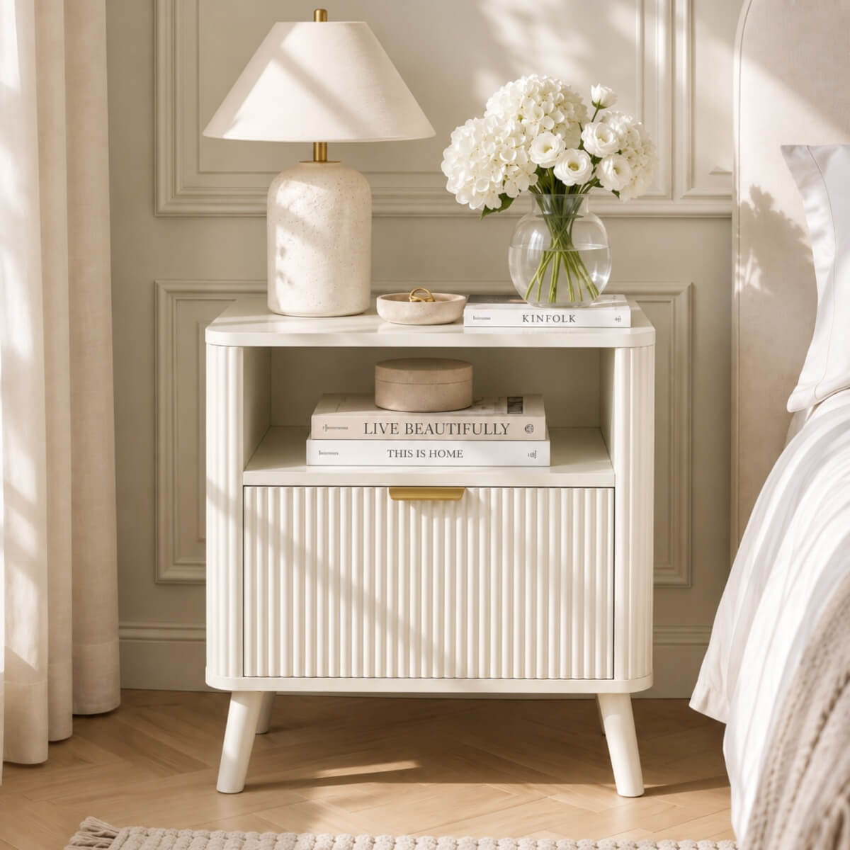 Set of 2 Fluted Bedside Tables - Drawer and Open Shelf, Rounded Corners, Gold Handles and 4-Leg Solid Wood Base, Cream White