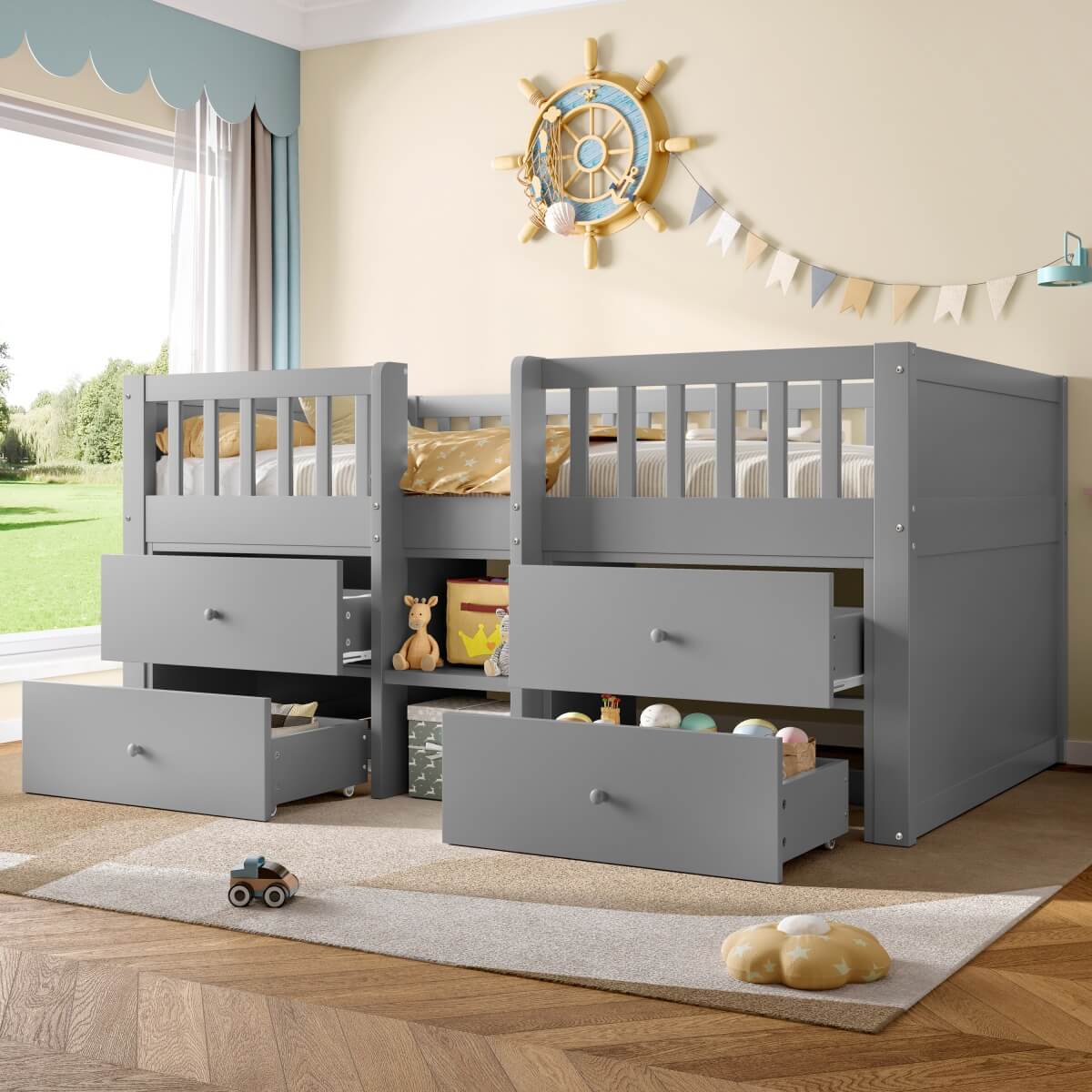 3ft Single Kids Low Loft Bed with Storage Drawers – Grey Solid Wood Space-Saving Bed Frame with Guardrail