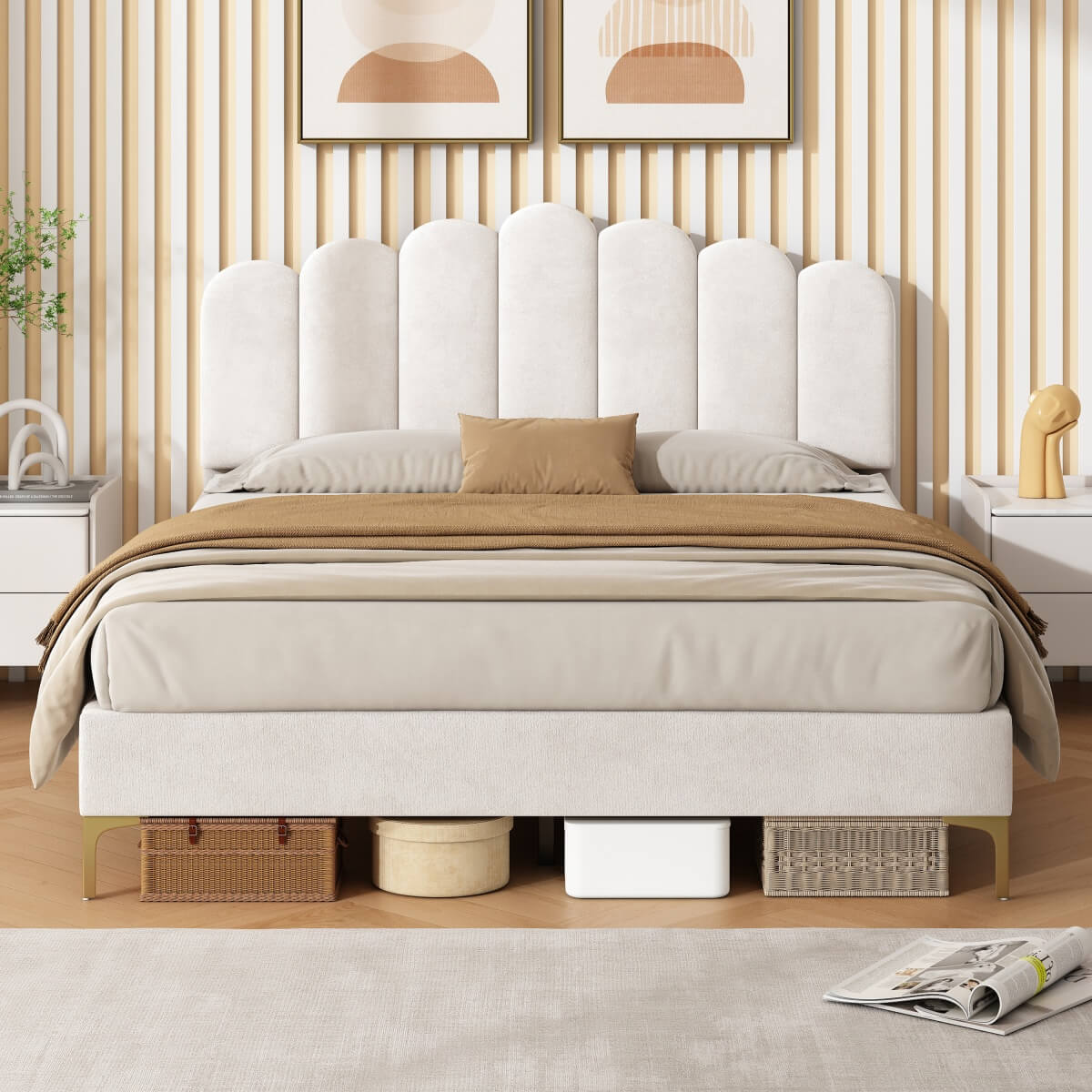 4ft6 Double Velvet Bed Frame - Scalloped Tufted Headboard, Adjustable Height, Gold Legs, Beige