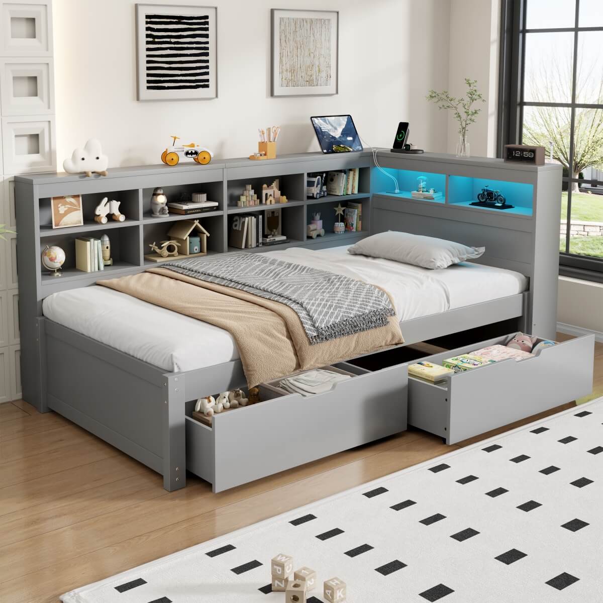 3ft Single Daybed with Storage Drawers - LED Bed Frame with Charging Station, Grey