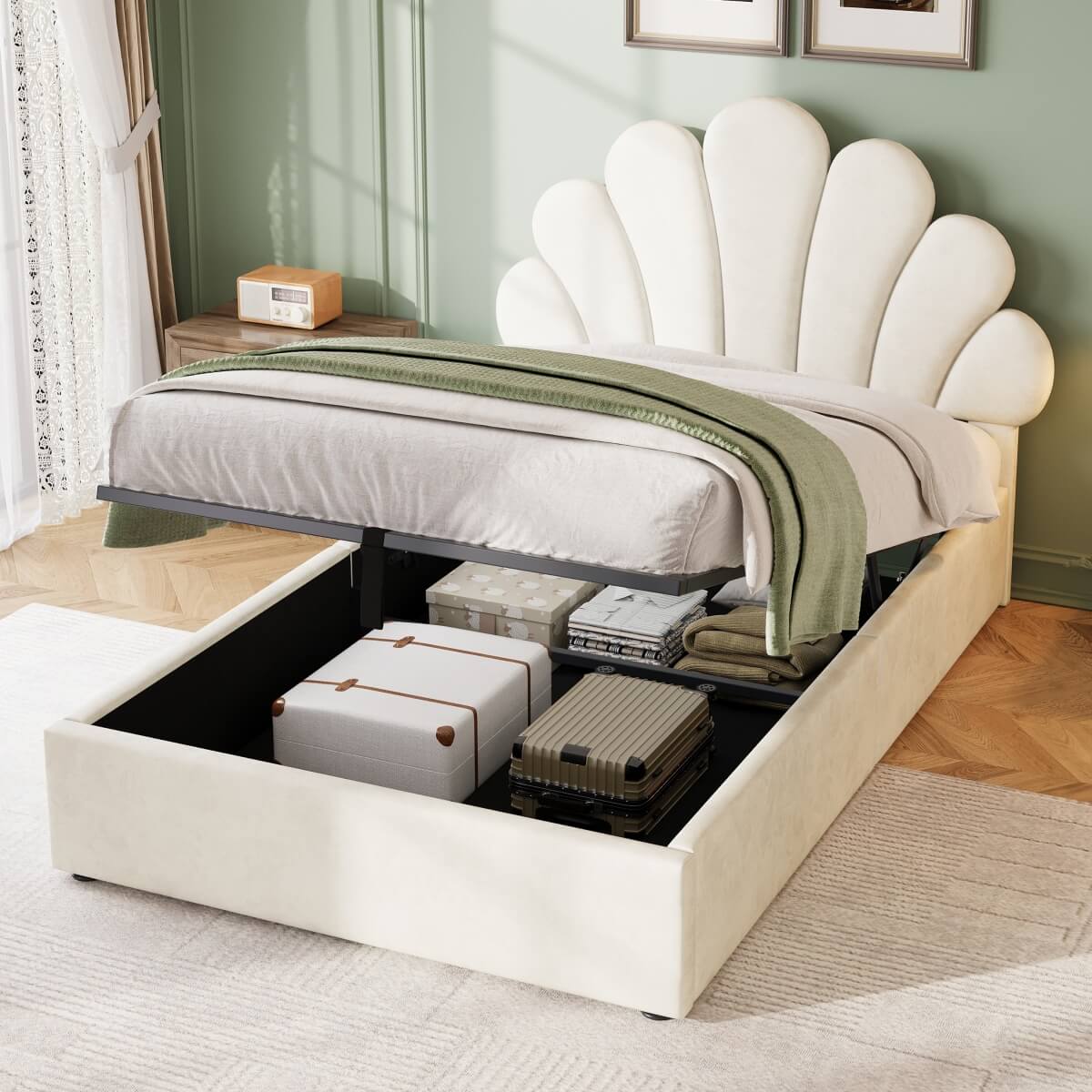 3ft Single Ottoman Storage Bed with Petal Headboard - Upholstered Velvet Bed Frame