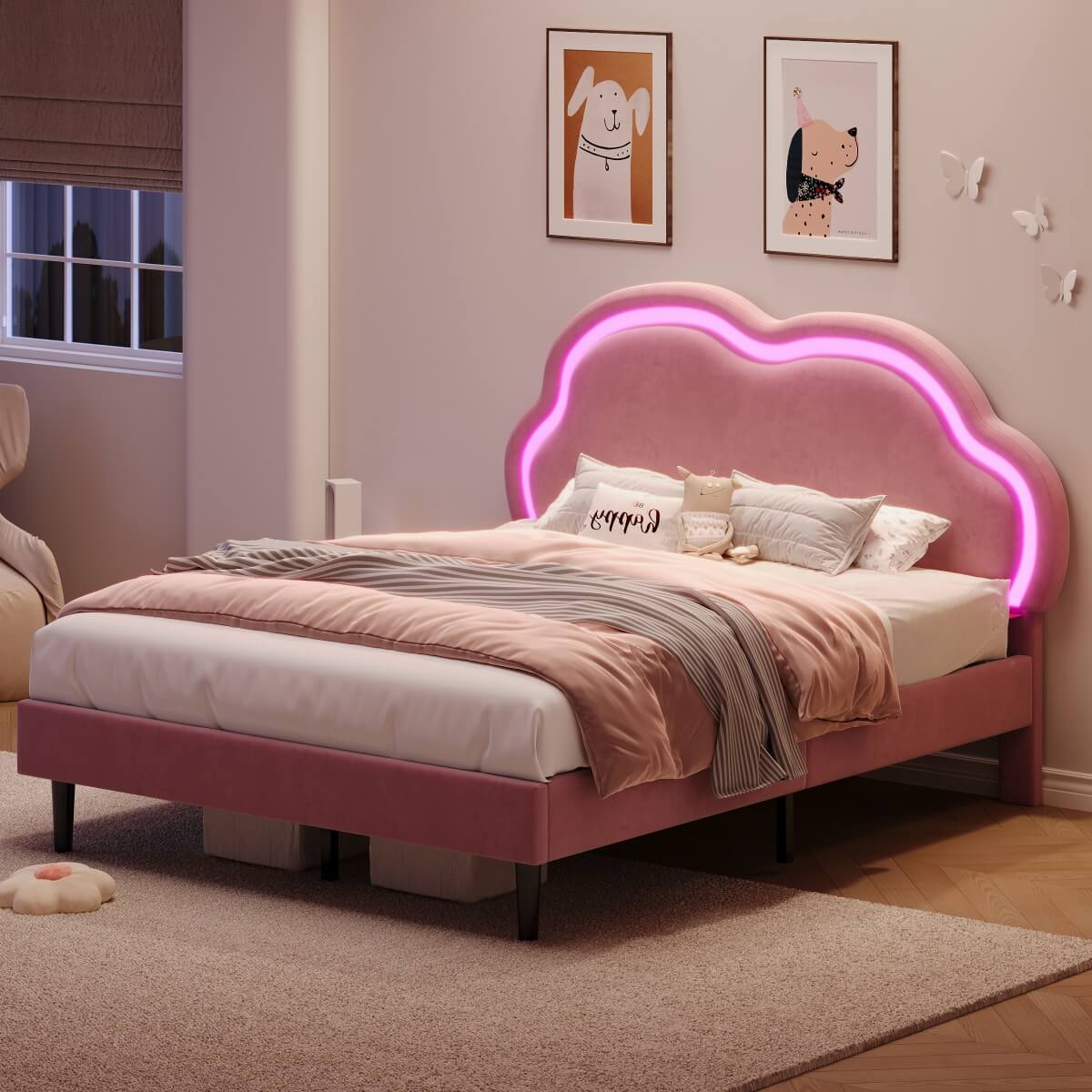 4ft6 Double Velvet Bed Frame - LED Cloud Headboard, Adjustable Height, Pink