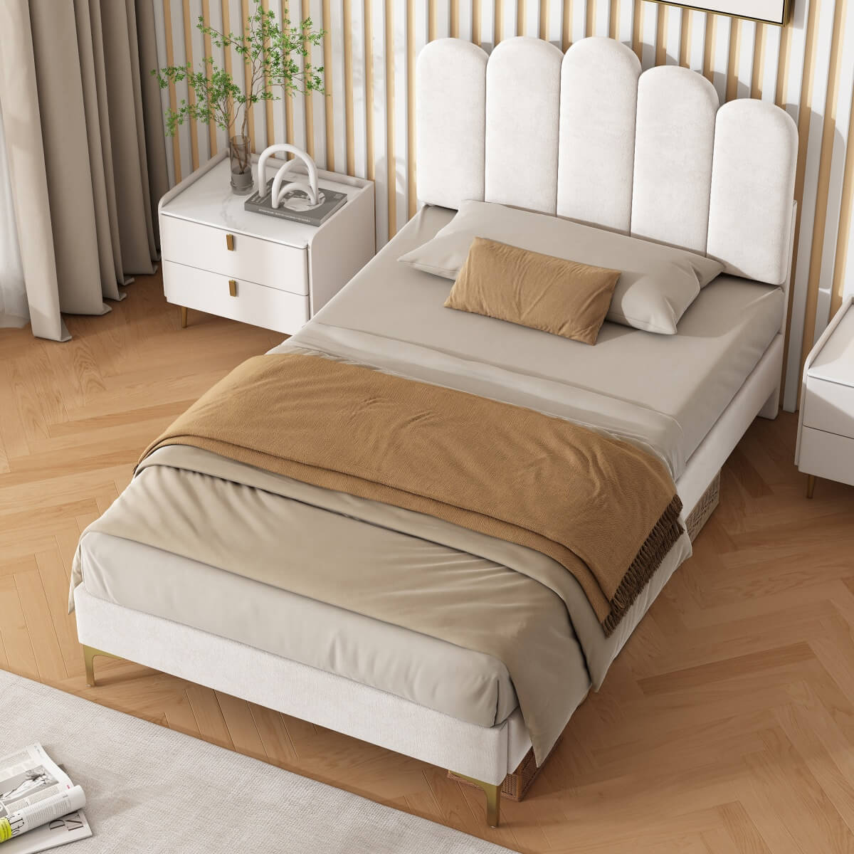 3ft Single Velvet Bed Frame - Scalloped Tufted Headboard, Storage Space