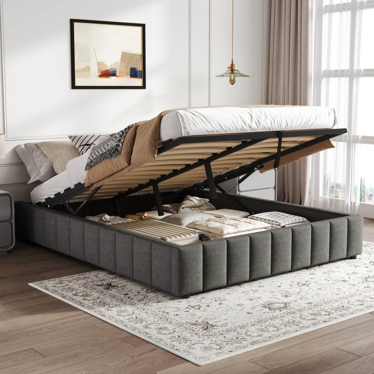 4ft6 Double Ottoman Storage Bed Frame Grey Linen – Hydraulic Lift Up Bed Base with Metal Frame