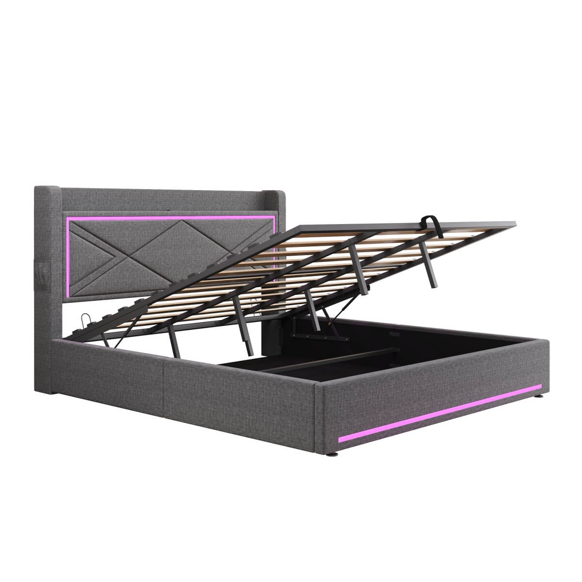 6ft Super King Ottoman Bed – Grey Linen Upholstered Bed Frame with Hydraulic Storage, LED Lighting and USB/Type-C Charging