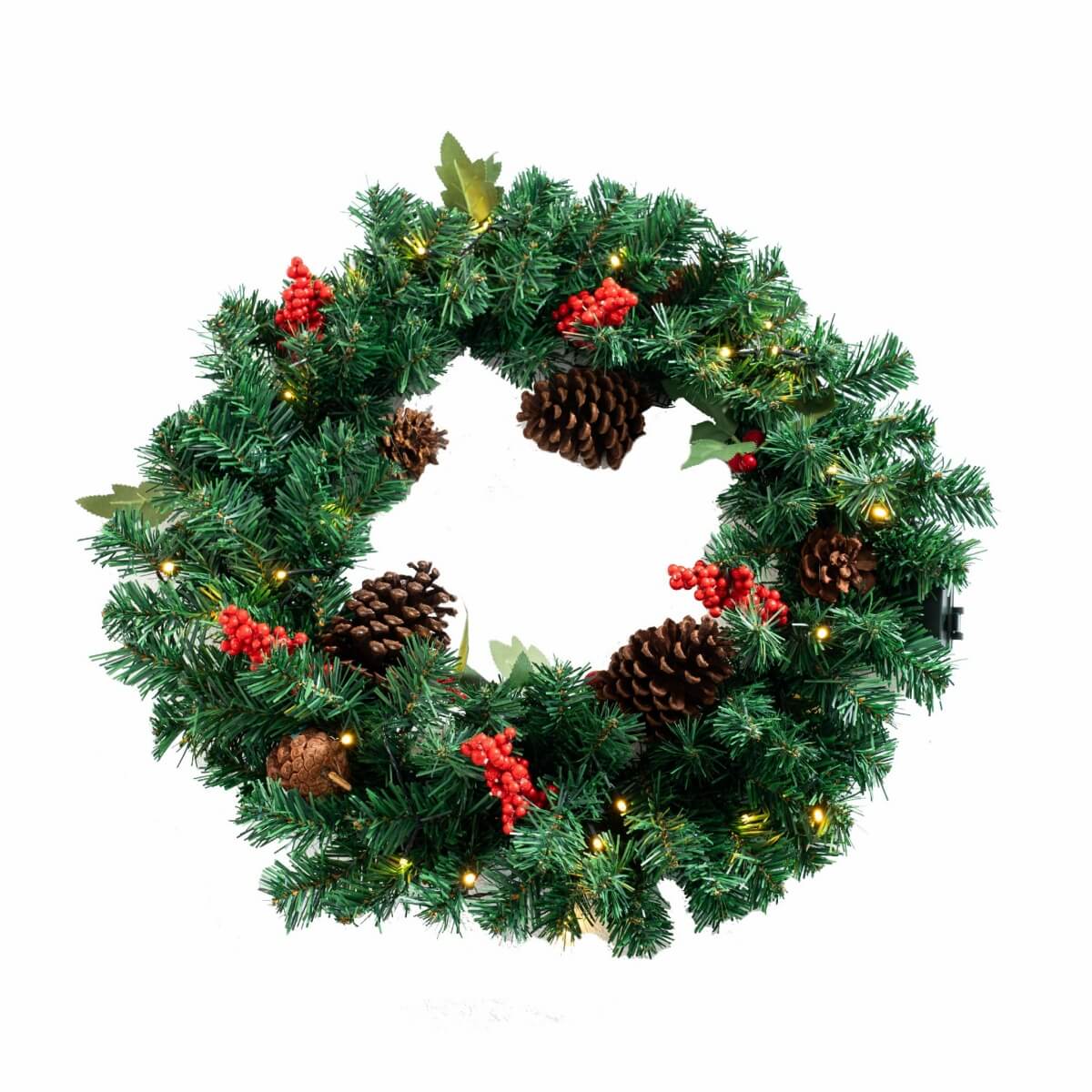 PVC & PE Evergreen Christmas Wreath with Red Berry Clusters & Pine Cones