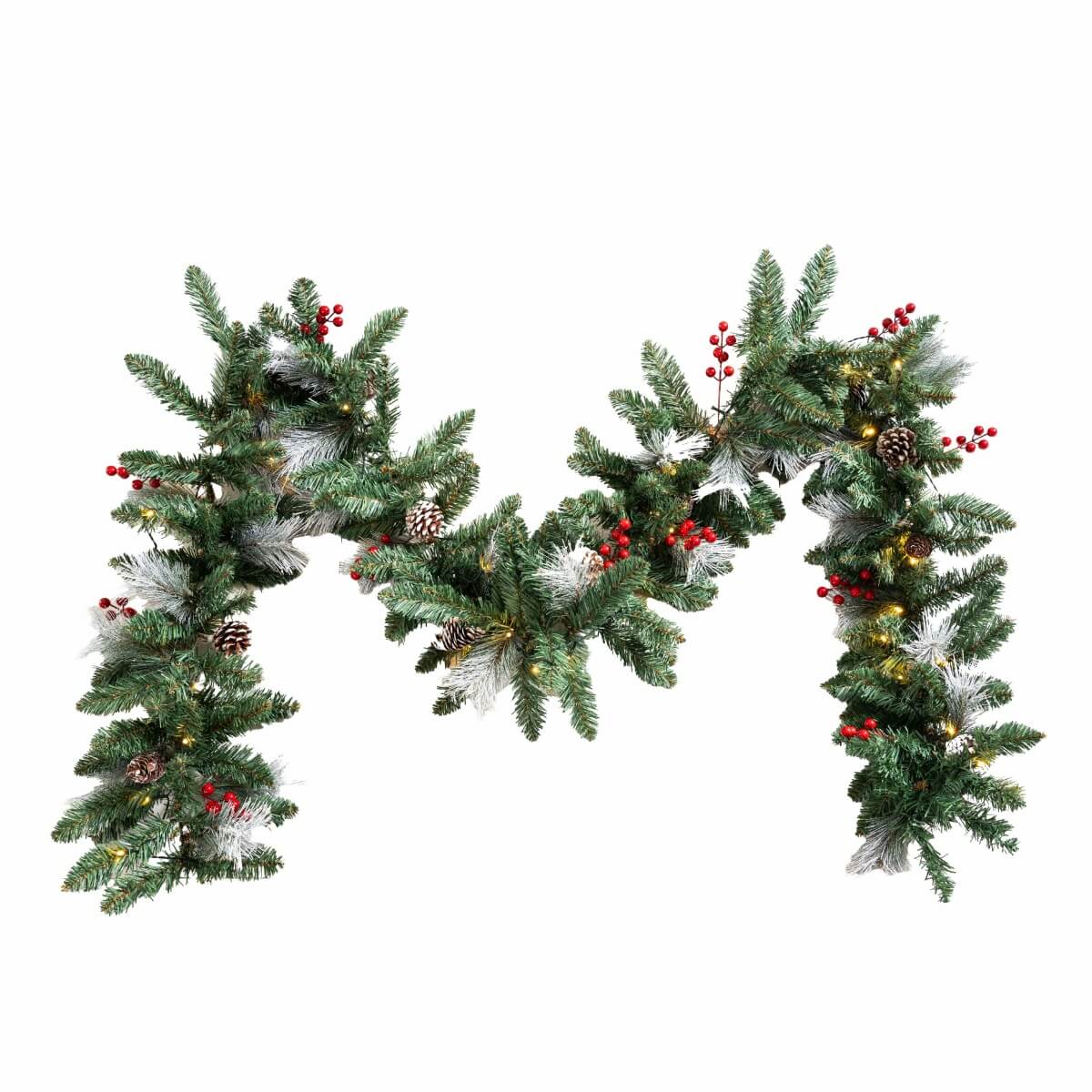 Festive PVC Christmas Garland - Pine Cones & Red Berries with Pre-Lit LED Lights